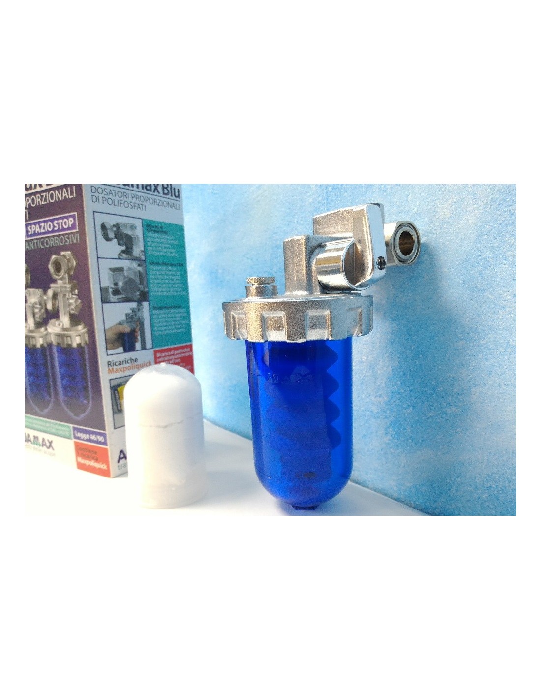 Filtro anticalcare dosatore di polifosfati Aquamax Dosamax Blu Stop